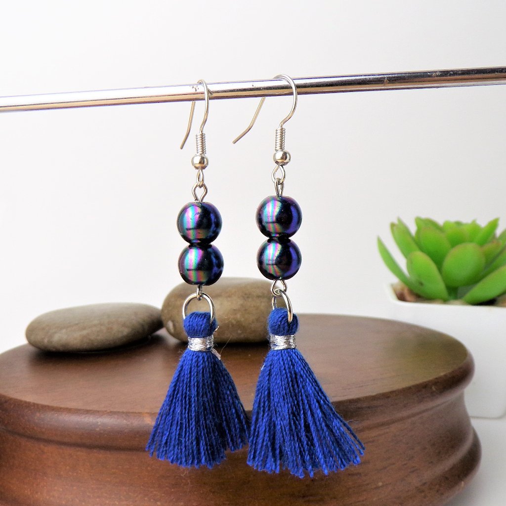 Blue Iridescent Bead & Tassel Earrings